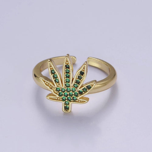 Gold Mary Jane Ring Green Weed Ring Open Adjustable Ring