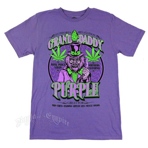 T shirt.     SEVEN LEAF GRANDDADDY PURPLE STRAIN BLACK LIGHT PURPLE T-SHIRT – MEN’S
