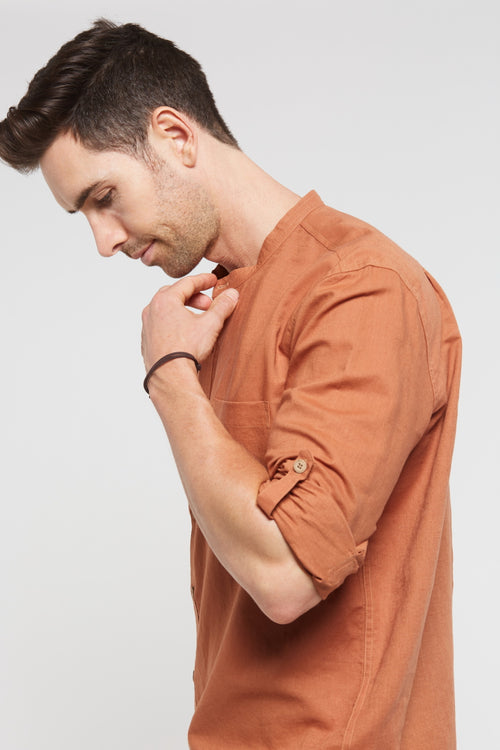 MEN’S HEMP COTTON LONG SLEEVE GRANDPA SHIRT-Rosewood
