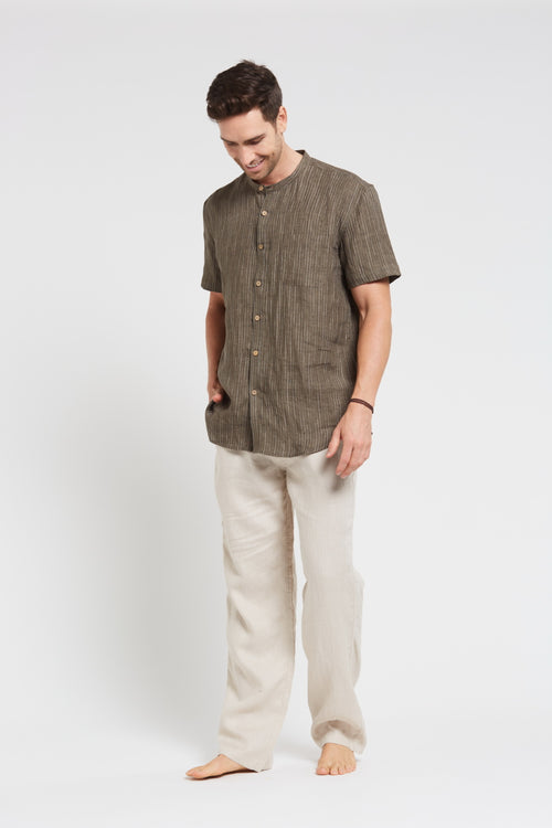 Men’s 100%Hemp Pin Stripe Grandpa Short Sleeve Shirt - Khaki