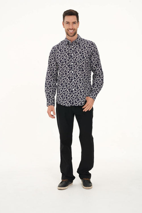 Men’s Hemp Cotton Print Long Sleeve Shirt-Navy