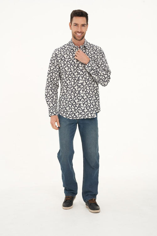 Men’s Hemp Cotton Print Long Sleeve Shirt-White