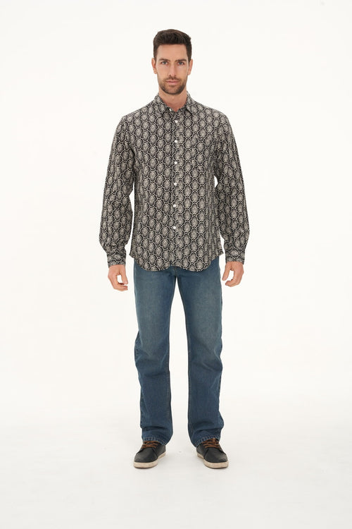 Men’s Hemp Cotton Long Sleeve Geometric Print Shirt-Black