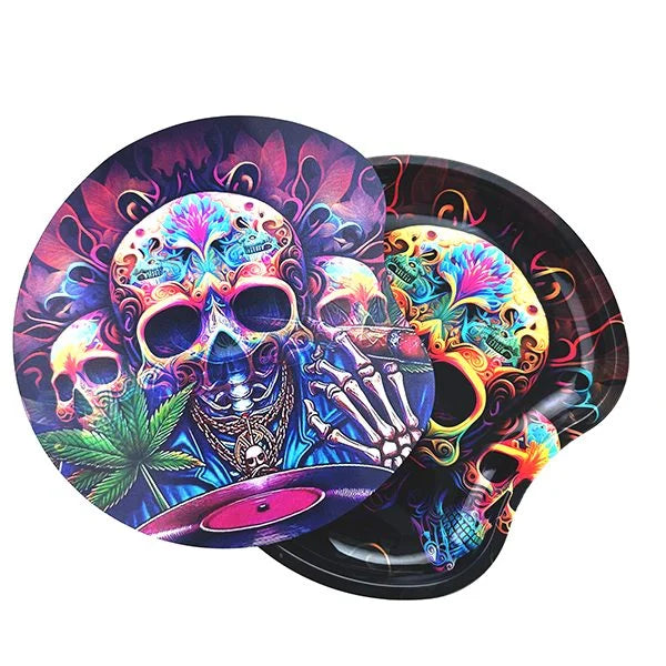 PSYCHEDELIC SKULL METAL ROLLING TRAY WITH MAGNETIC LID – 18X17CM