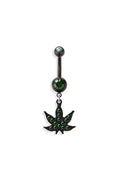 GREEN HEMP POT LEAF DANGLE NAVEL RING: GOLD/LIGHT GREEN