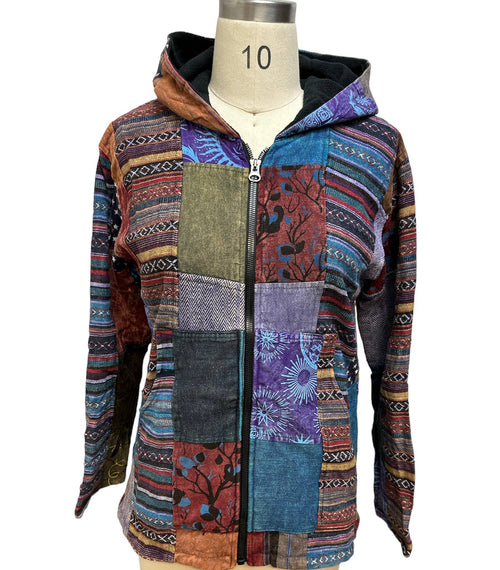 Cotton Patch Block Print  Zip Hooded Lining  Jacket D555: M - Get Hempified Store