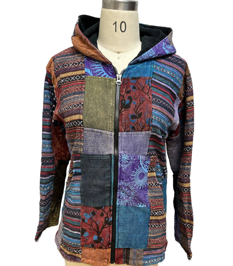 Cotton Patch Block Print  Zip Hooded Lining  Jacket D555: M - Get Hempified Store
