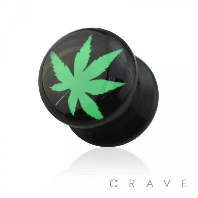 GREEN HEMP PRINT TOP BLACK ACRYLIC SCREW FIT PLUG: -6GA (4mm) EARRINGS