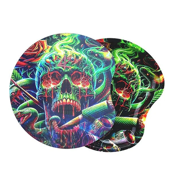 GREEN INFERNO SKULL METAL ROLLING TRAY WITH MAGNETIC LID – 18X17CM