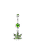 GREEN HEMP POT LEAF DANGLE NAVEL RING: GOLD/LIGHT GREEN