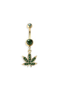 GREEN HEMP POT LEAF DANGLE NAVEL RING: GOLD/LIGHT GREEN