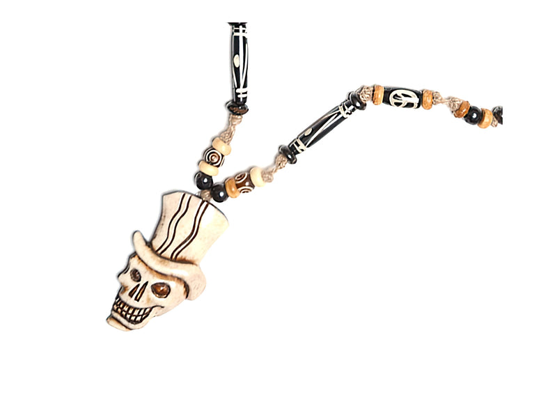 Grinnin in the Graveyard Skull Bone Pendant On Hemp Necklace