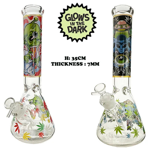 GLOW IN THE DARK ALIEN BEAKER GLASS BONG 35CM – 7MM THICK - Get Hempified Store