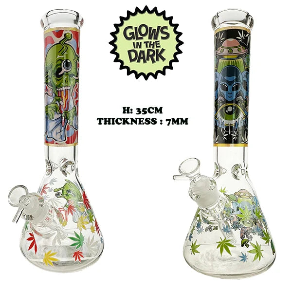 GLOW IN THE DARK ALIEN BEAKER GLASS BONG 35CM – 7MM THICK - Get Hempified Store