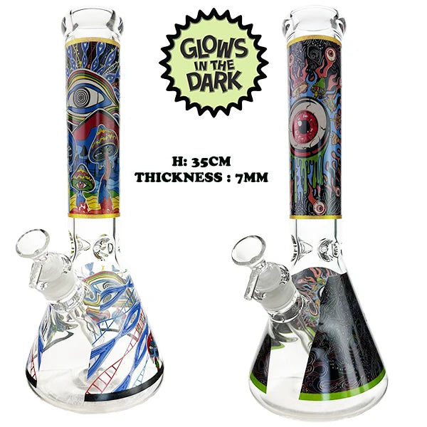 PSYCHEDELIC EYE & MUSHROOM GLOW IN THE DARK BEAKER BONG 35CM – 7MM THICK - Get Hempified Store