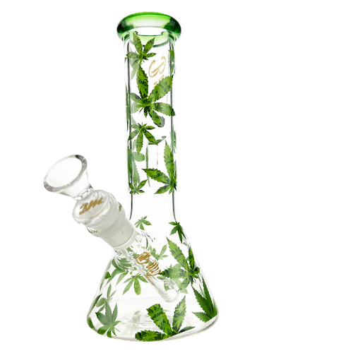 Glass Beaker Bong Green Leaf Design 23cm with Ice Catcher & Shotty