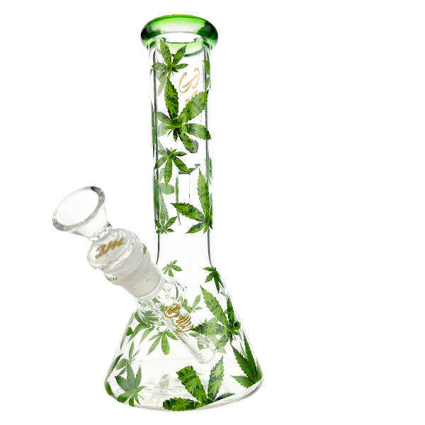 Glass Beaker Bong Green Leaf Design 23cm with Ice Catcher & Shotty