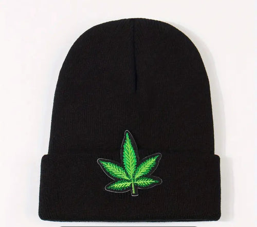 Green Leaf Embroidery Graphic Beanie Black - Get Hempified Store
