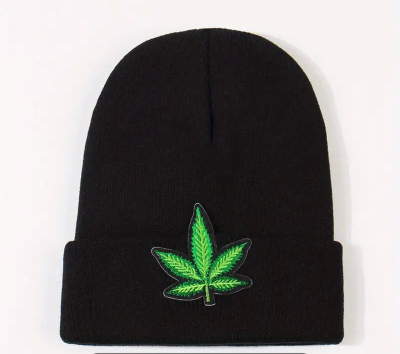 Green Leaf Embroidery Graphic Beanie Black - Get Hempified Store