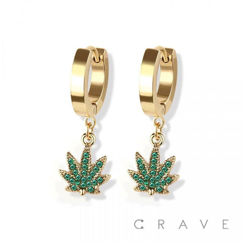 PAIR OF 316L SS EARRINGS W/GEM PAVED HEMP PENDANT: GOLD/GREEN-3MM-9MM-