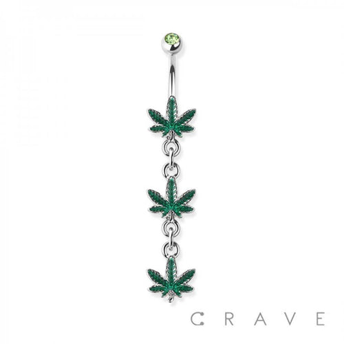 TRIPLE HEMP LEAF DANGLE 316L SURGICAL STEEL NAVEL RING