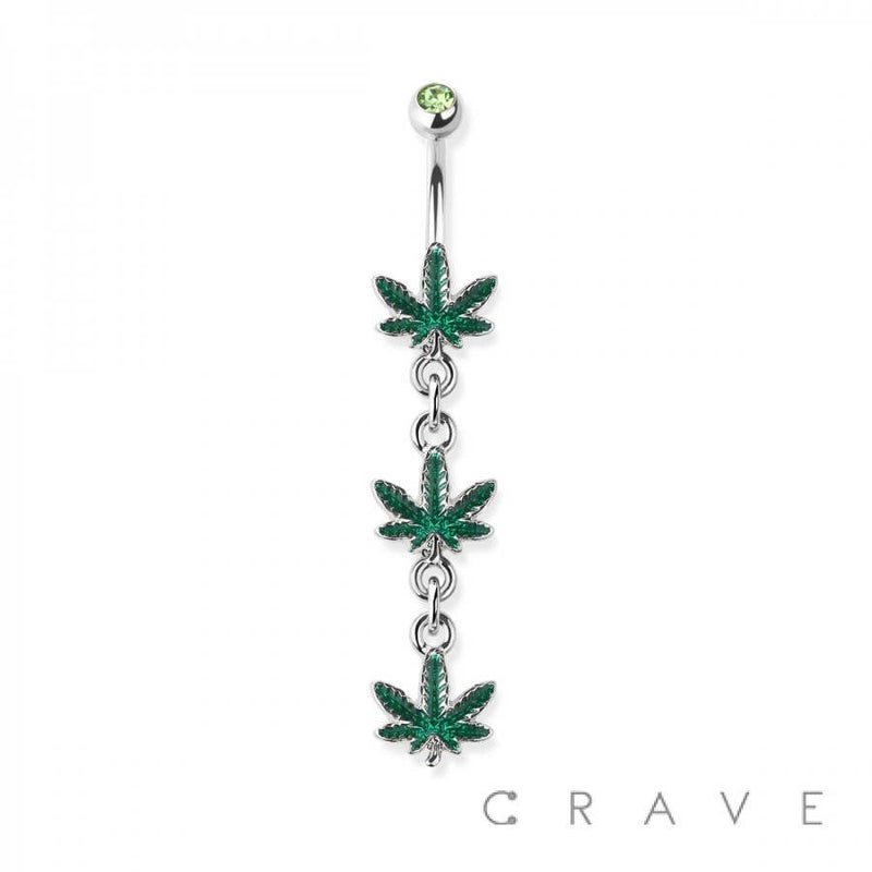 TRIPLE HEMP LEAF DANGLE 316L SURGICAL STEEL NAVEL RING