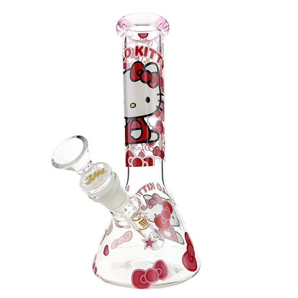 HELLO KITTY GLASS BEAKER BONG PINK BOW DESIGN 23CM WITH ICE CATCHER & SHOTTY