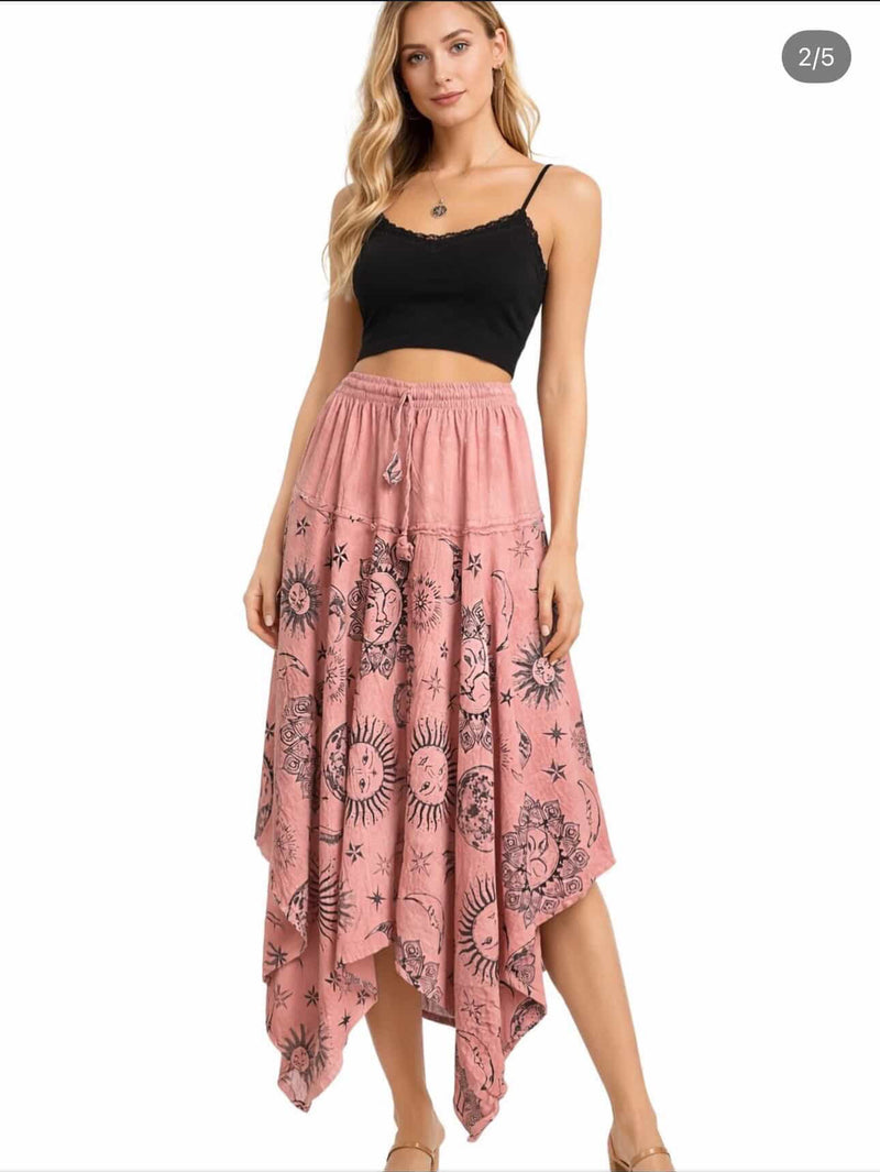 Sun Moon Print Skirt - Pink