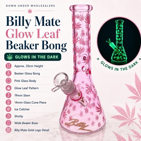 BILLY MATE PINK GLOW LEAF BEAKER BONG 25CM