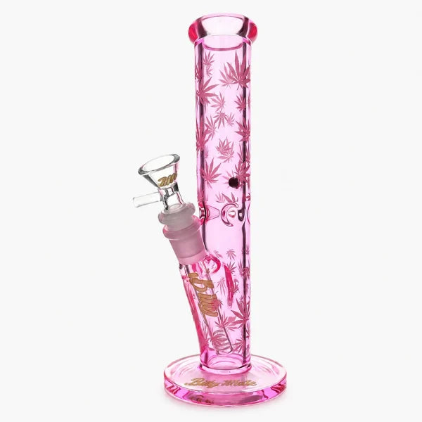 BILLY MATE PINK GLOW IN THE DARK LEAF STRAIGHT CYLINDER GLASS BONG 25CM DU 120350