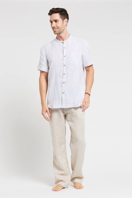 Men’s 100%Hemp Pin Stripe Grandpa Short Sleeve Shirt-WHITE