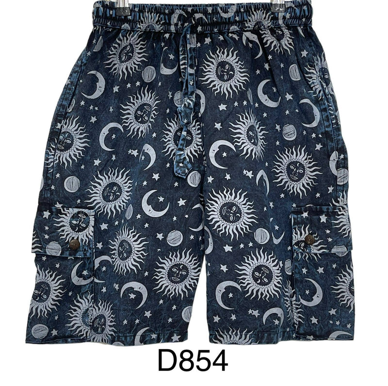 Cotton Block Print Sun moon Blue Galaxy Short D854: XL