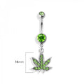 GREEN HEMP POT LEAF DANGLE NAVEL RING: GOLD/LIGHT GREEN