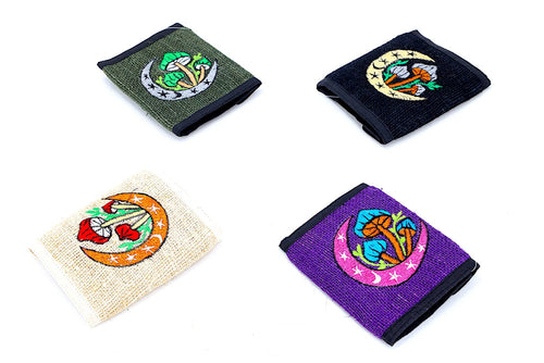 100% Hemp Moon Mushroom Hand Embroidered Tri-Fold Wallet: GREEN