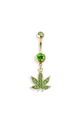 GREEN HEMP POT LEAF DANGLE NAVEL RING: GOLD/LIGHT GREEN