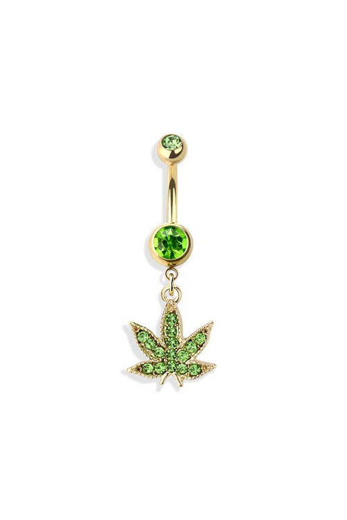 GREEN HEMP POT LEAF DANGLE NAVEL RING: GOLD/LIGHT GREEN