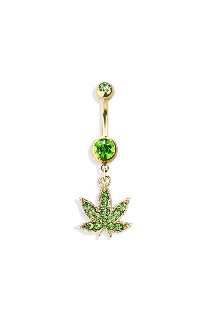 GREEN HEMP POT LEAF DANGLE NAVEL RING: GOLD/LIGHT GREEN