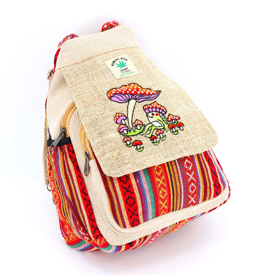 HSBP-20 hemp Frog Mushroom Hand Embroidered Convertible Backpack: NATURAL