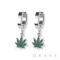 PAIR OF 316L SS EARRINGS W/GEM PAVED HEMP PENDANT: GOLD/GREEN-3MM-9MM-