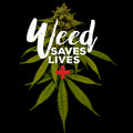 T shirt.   SEVEN LEAF WEED SAVES LIVES BLACK