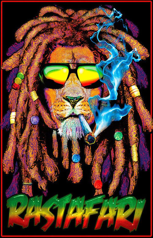 Rastafarian Lion Blacklight  Poster block mounted.