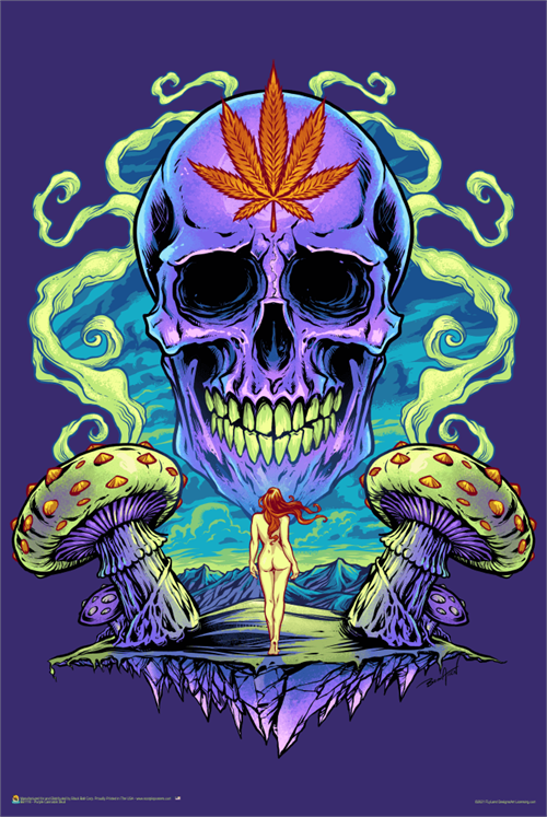 Poster block mounted.      FlyLand Designs – Purple Cannabis Skull