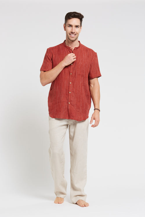 Men’s 100%Hemp Pin Stripe Grandpa Short Sleeve Shirt-Red Clay