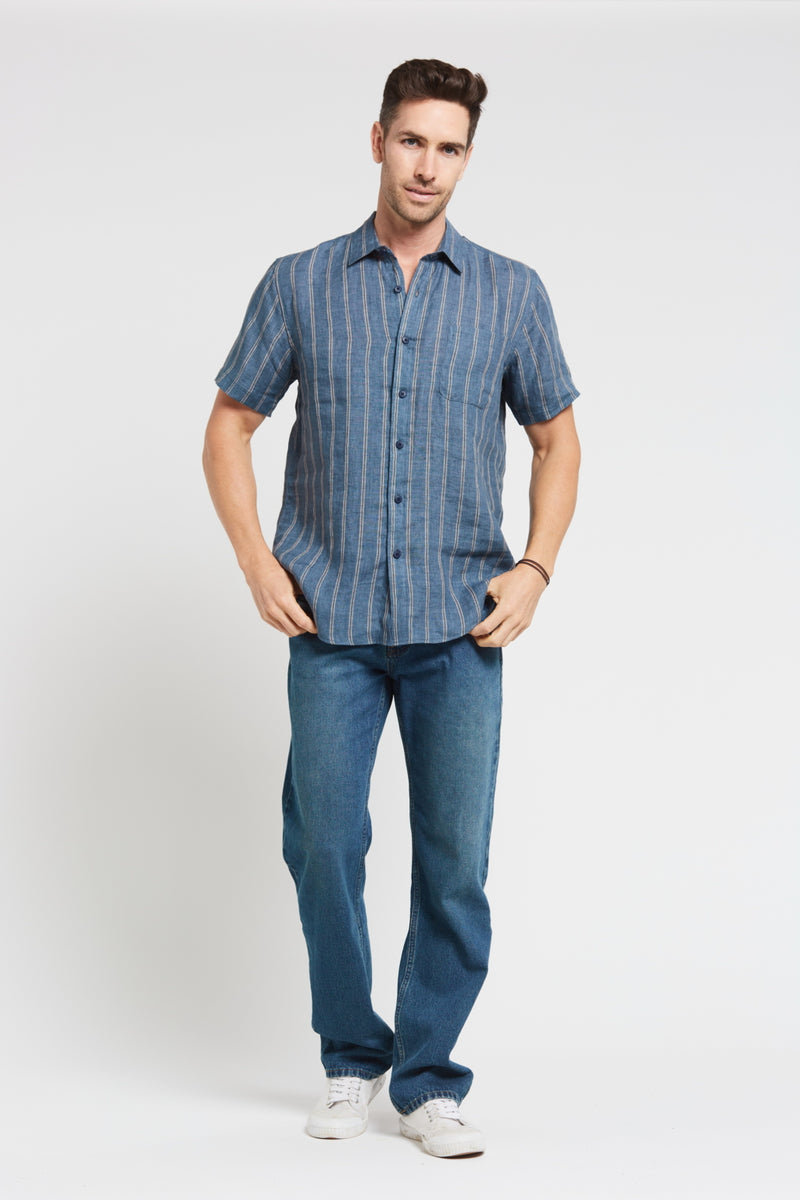 Men’s 100%Hemp Stripe Short Sleeve Shirt-Navey