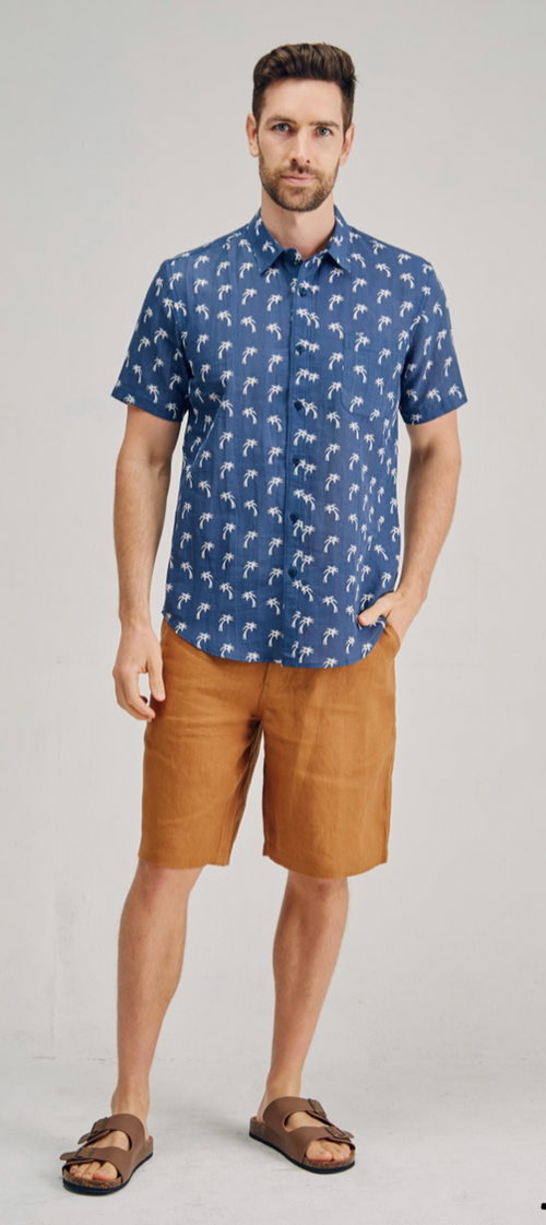 MST2122 Hemp Cotton Tree Print Short Sleeve Shirt